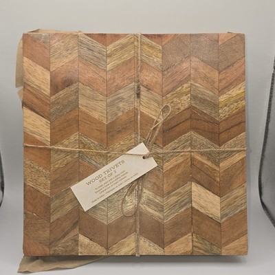 Wood Parquet Pattern Square Trivet Set of 2 Natural Finish Brown Tones