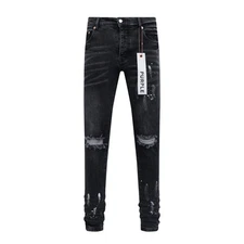 Black Purple Brand Men's Personality Distress Paint Splatter Slim Fit Jeans