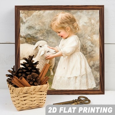 Girl With Lambs Wooden Plaque Vintage Spring Easter Farmhouse Decoration Gift