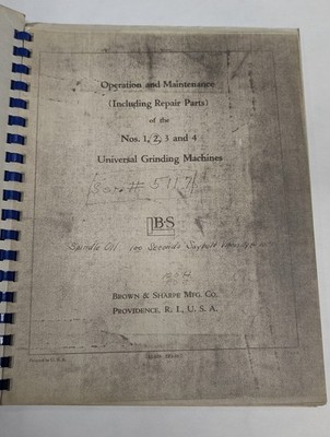 BROWN & SHARPE #1 2 3 4 UNIVERSAL GRINDING MACHINES OPERATION MANUAL PARTS LIST