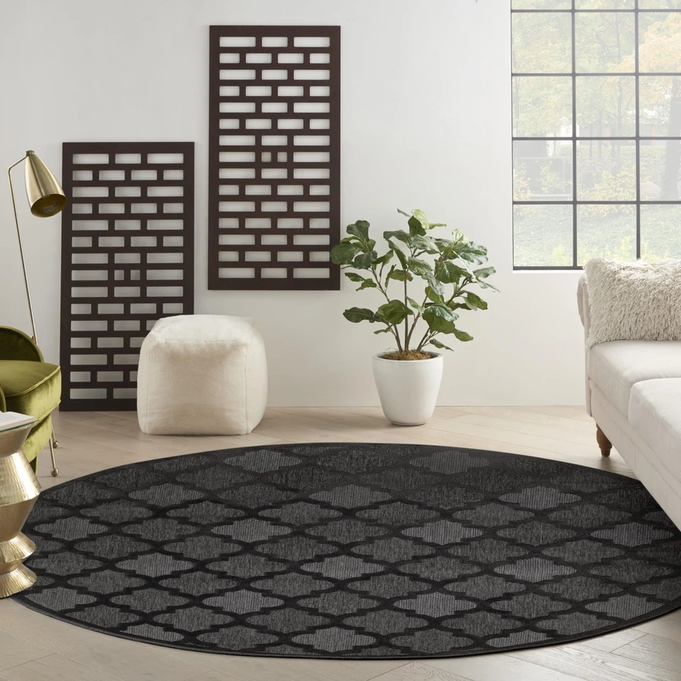 8 Round Charcoal Black Indoor Outdoor Textured Rug Easy Care Low Maintenance - Image 3 of 4