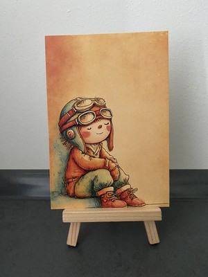 Postcard Theme Card, Little Child with Pilot Hat, Boy, Comic, Art