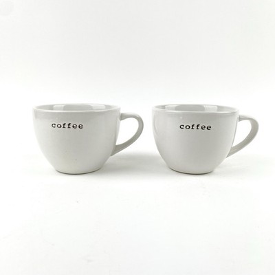 Pair of Crate & Barrel Oversized White Stamped Typewriter Coffee Mugs