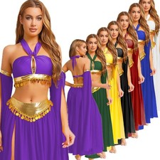 Women Belly Dance Costume Sequins Halter Crop Top Chiffon Skirt Removable Sleeve