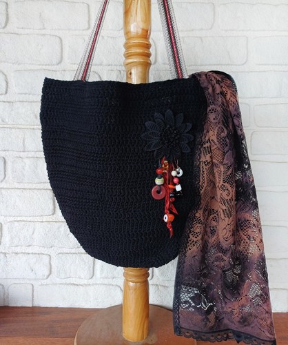 Handmade Crochet Black women shoulder handbag, beach tote bag, New boho - Picture 2 of 6
