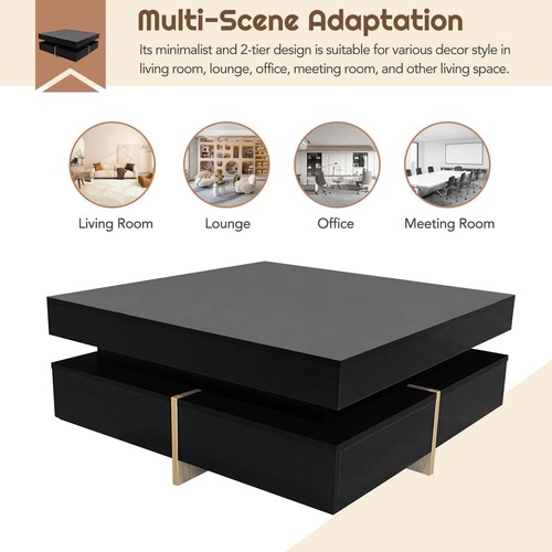FUNIDEE Square High Gloss Coffee Table w/ 4 Drawers Cocktail Center Table Black - Picture 6 of 9