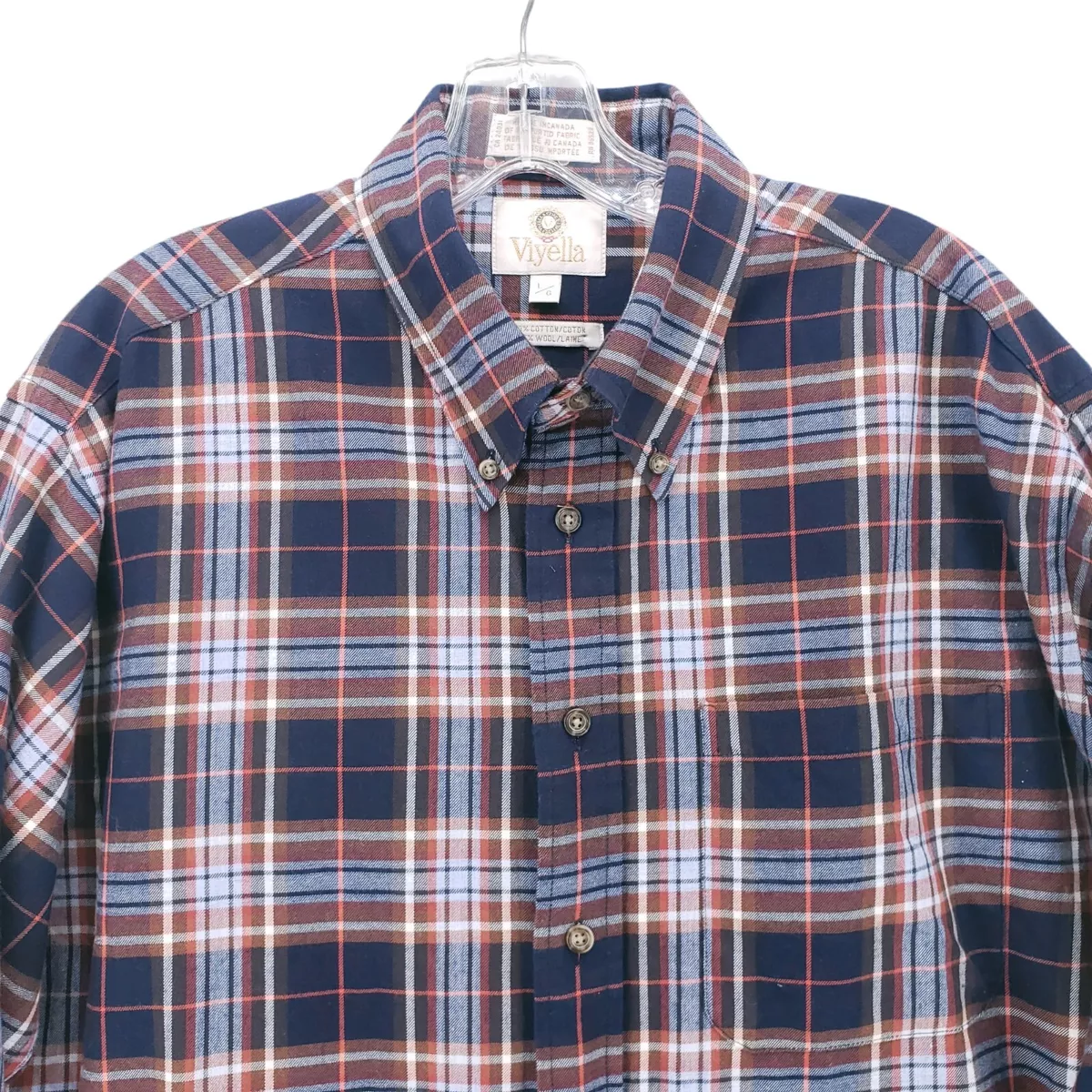Viyella Shirt Blue Brown Plaid Cotton Wool Blend Made in CANADA