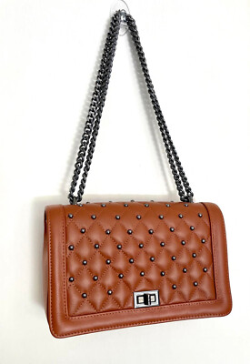 Isabella Rhea Studded  Quilted  Cognac Leather Shoulder Bag Chain Strap Italy