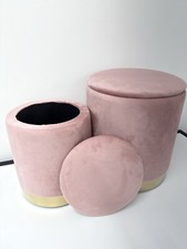 Set 2 Pouf Contenitore Velluto Rosa Sgabello Poggiapiedi Con Anello Dorato