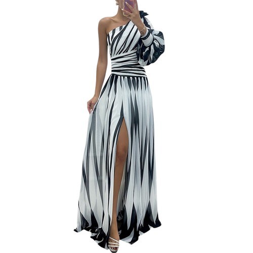 Sexy One Shoulder Womens Striped Party Maxi Dress Ladies Prom Split Long Dresses - Picture 10 of 22