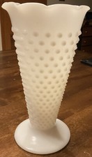 Vintage White Milk Glass Hobnail Trumpet Vase Tall Scalloped Edge 9 1/2”