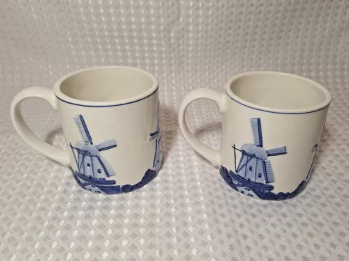 Vintage Delft Blue Holland Coffee Mug Tea Cup Hand Painted Windmill Lot Set of 2