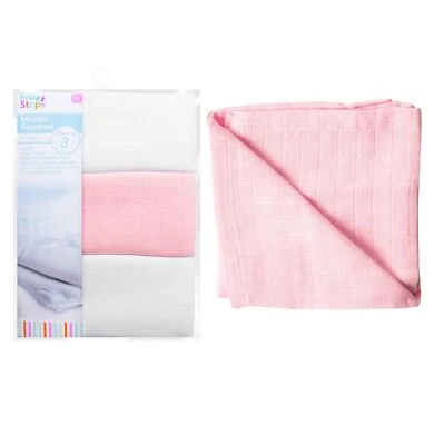 Pink & White Baby Muslin Squares 3 Cotton Feeding Cloths Comforter Blanket 60cm