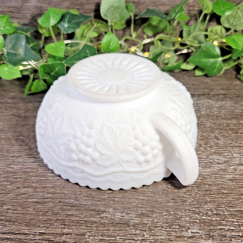 Imperial Glass White Milk Glass Doeskin Nappy Bow, Handled Grape/Leaves Design - Picture 5 of 9