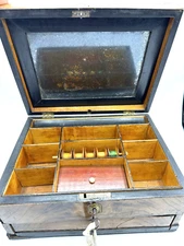 Rare c1840's Wooden Chestnut Sewing Box with inlaid lid interior w/thread spools