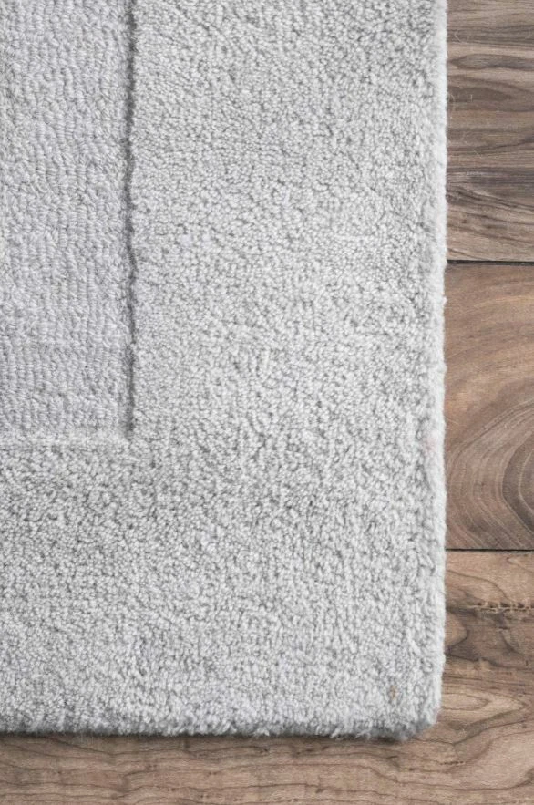 Double Border Solid Grey Loop & Cut Hand-Tufted 100% Wool Soft Area Rug Carpet - Image 4 of 4