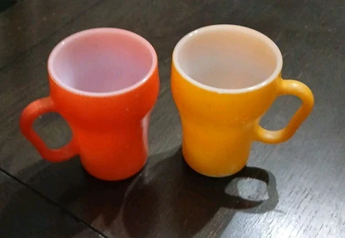 Vintage Anchor Hocking Fire King Soda Mugs Yellow And  Orange Cola Mugs 