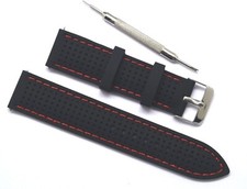 22 24mm Black Rubber Red Stitching "Breath" Sports Watch Band W/ Spring Bar Tool
