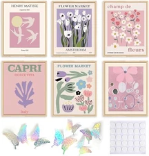 6 PCS Pink Flower Market Wall Art Decor Set - Minimalist Wall Art for Bedroom, E