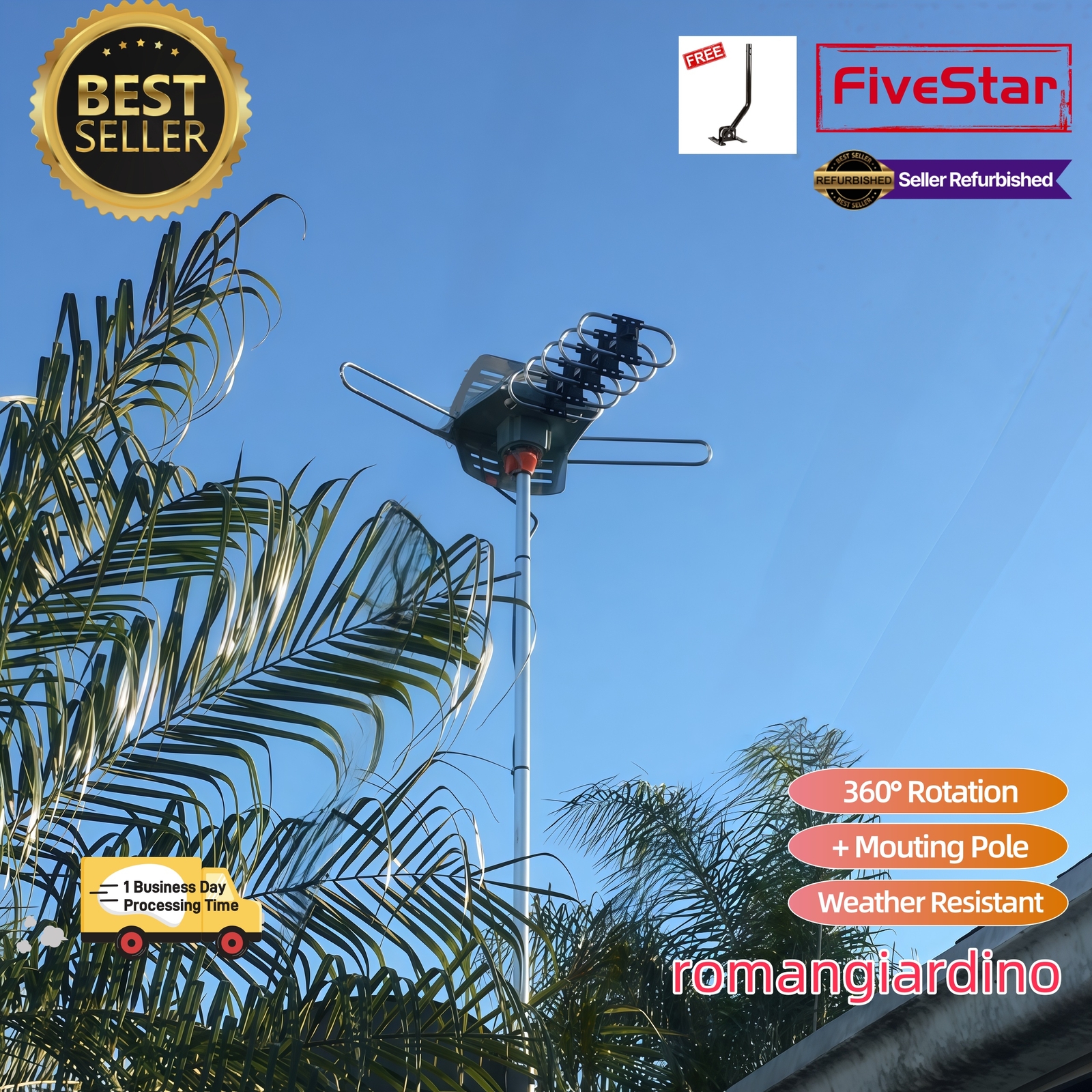 Hot Deal Outdoor TV Antenna Pole Motorized Amplified HDTV 1080P 4K 360° Rotation