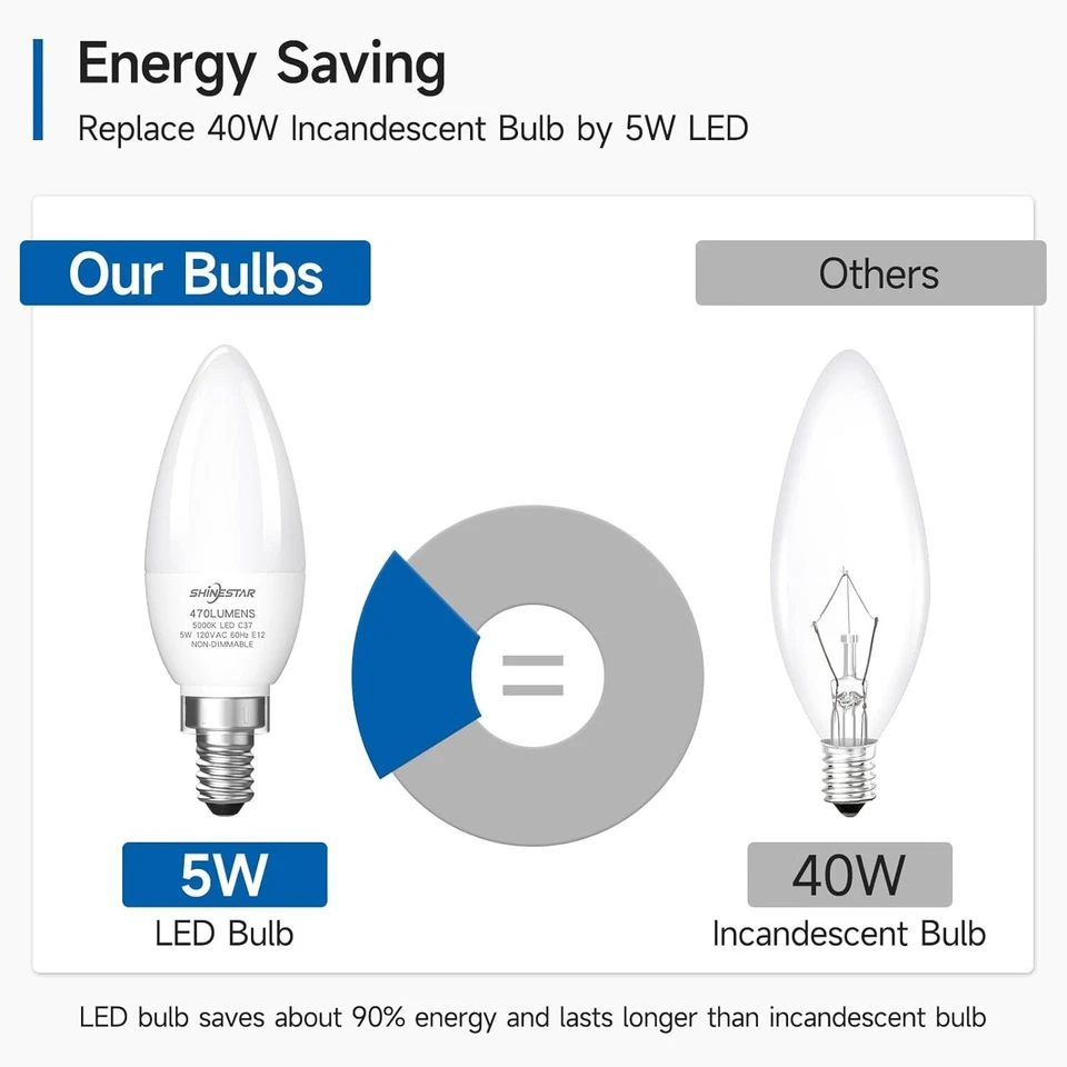 6PCS LED Candelabra B11 C37 Bulb 5W 40W Replacement E12 Base 5000K Daylight US - Image 4 of 4