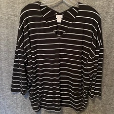 Chicos Top Womens 2 Large Black Stripe Dolman Slinky Liquid Knit Stretch Blouse