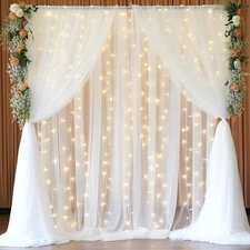 30x10ft White Tulle Backdrop Curtain with Lights String for Parites, Sheer Ba...