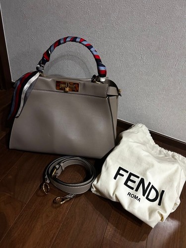 FENDI Peekaboo Handbag Gray Beige Gold Hardware 13.0 in Used