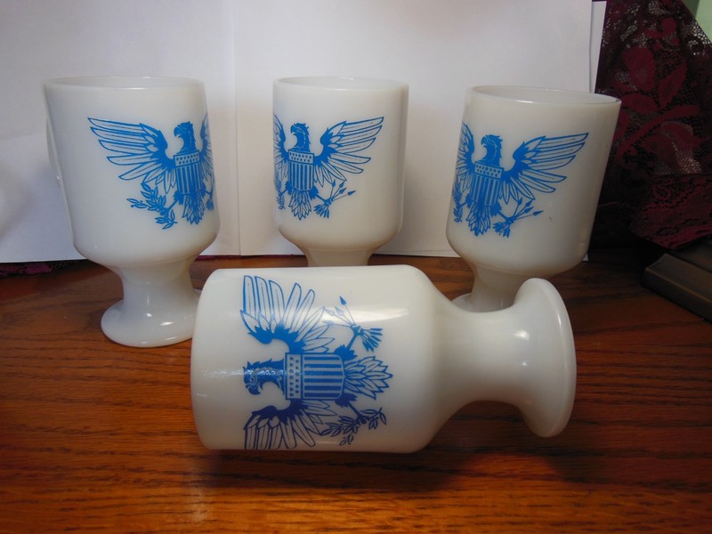 Vintage Milk Glass Pedestal Footed Mug With Blue Eagle Patriotic set of 4