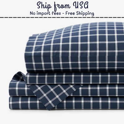 The Company Cotton Yarn-Dyed Cotton Percale Bed Sheet Set   Windowpane White/Nav