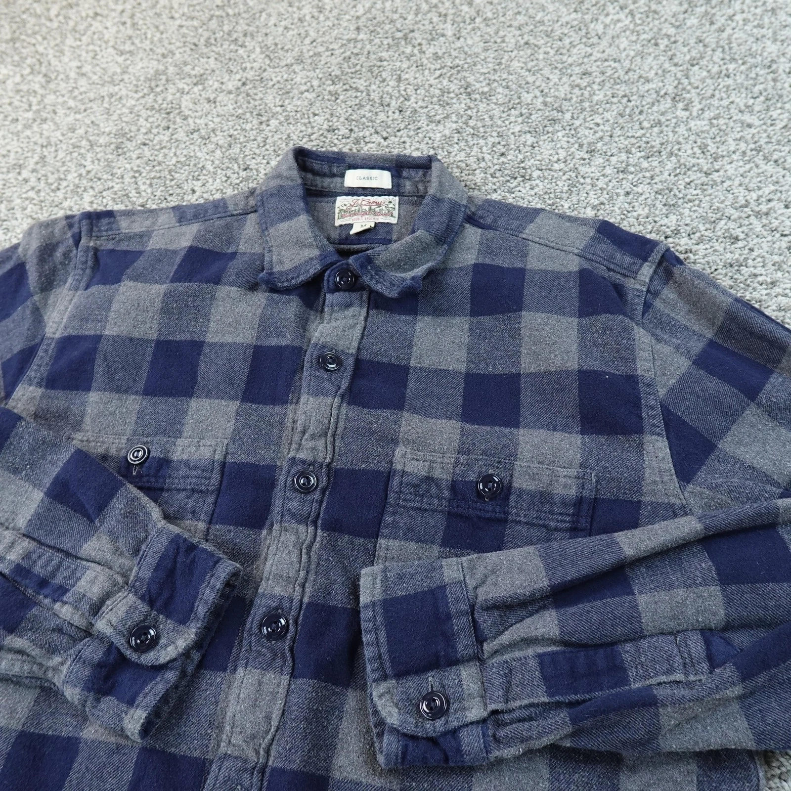 J Crew Shirt Mens M Blue Gray Plaid Flannel Button Up Long Sleeve Outdoor Hiking