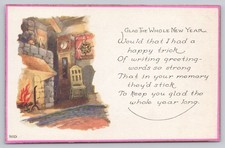 Vintage New Year Fireplace Greeting Postcard Made in USA 561D