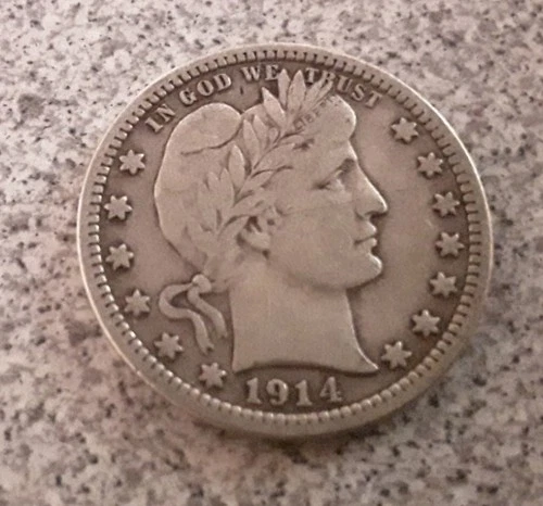 1914 P Barber Quarter Liberty Head Silver Coin Good Details Lettering Legible