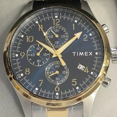 NEW - Timex Chronograph Men's Watch, 43mm, Quartz, Two-tone, Blue Dial, S. Steel