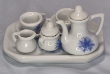 Yuri Craft Miniature Porcelain Tea Set Blue White Floral 10 Pc Dollhouse