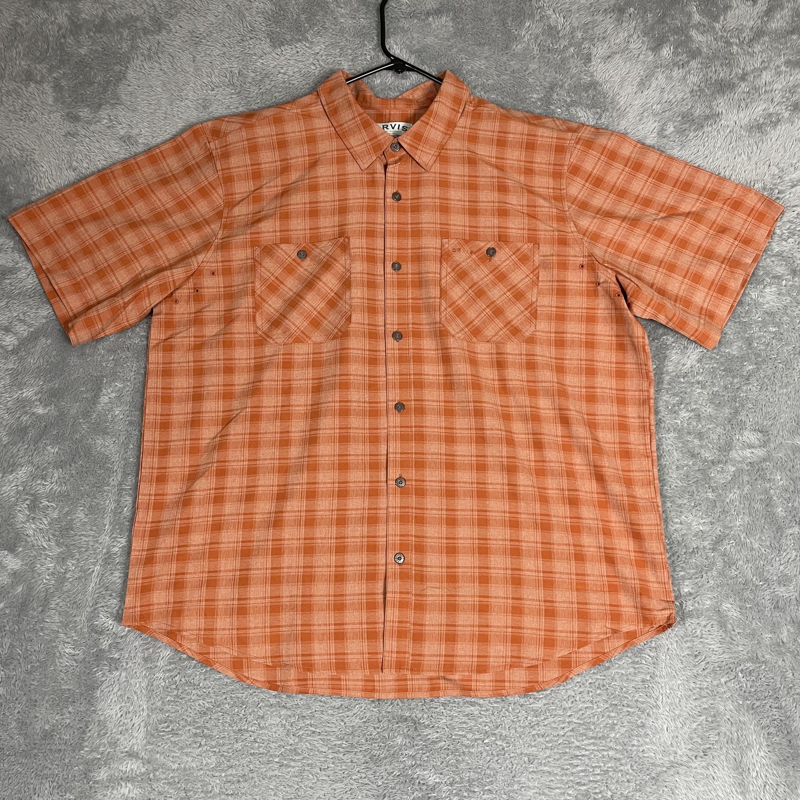Orvis Shirt Mens 2XL Orange Plaid Short Sleeve Button Up Classic Collection