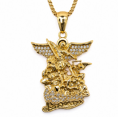 Italienische 1/200 14k Gelbgold Oro St Michael Iced CZ Anhänger Halskette Cadena 