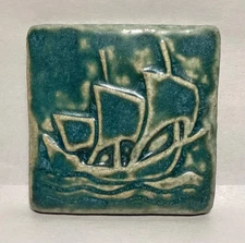 Pewabic Pottery Detroit - Arts & Crafts Tile -  Schooner  3-3/4" x 3-3/4"