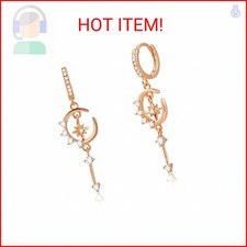 Rose Gold Dangle Hoop Earrings for Women Star and Moon Earrings Huggie with Cubi