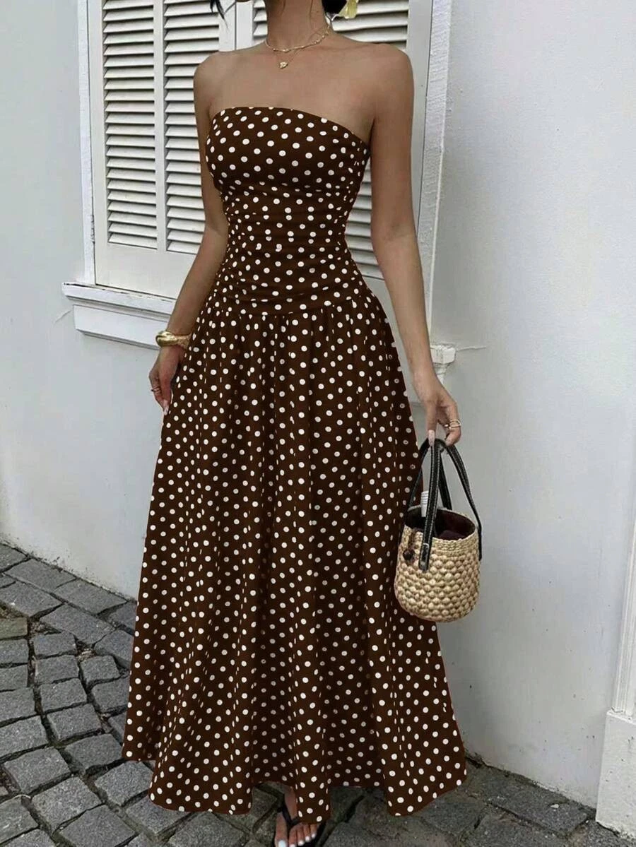 knee length dresses for ladies Black Polka Dot Long Sleeve Mesh Midi Dress main image 1