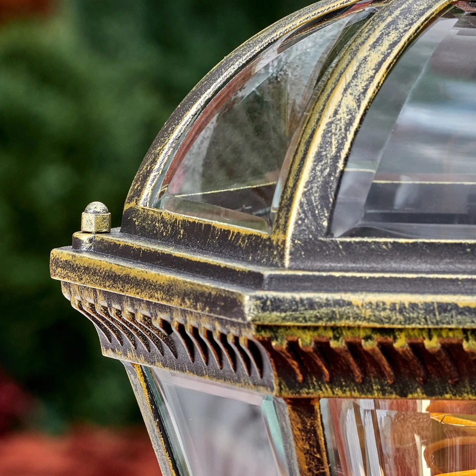 Antike Wegeleuchte E27 im Landhausstil, Metall & Glas Sockellampe, Schwarz-Gold - Bild 3 von 4