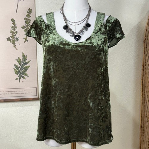 Vintage Y2K Green Crushed Velvet Flutter Sleeve Top Fairy Forest Whimsigoth S M - Picture 3 of 7