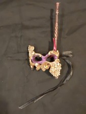 Mini Venetian Masquerade Mask w/ Handle Gold Purple Baroque Scrollwork Costume