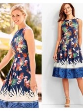 Talbots Botanical Pleated Fit & Flare Size 10P Sleeveless Midi Dress Pockets