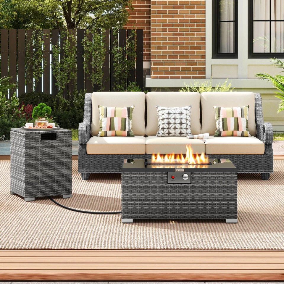 2 PCS Outdoor Rattan Fire Table Set w/ Tank Cover Tempered Glass Tabletop - Image 3 of 4