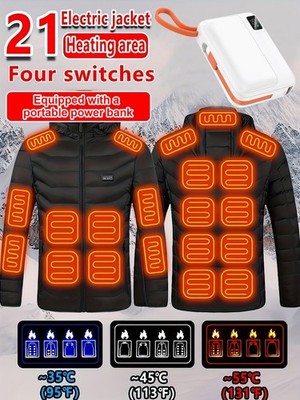 Heated Jacket 21 Areas USB DC Heated Coat Long Sleeve Hoodie w 5V Power Bank-US