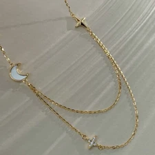 Double Layers Pave CZ Stars Crescent Moon 18k Gold Plated Choker Necklace 18"