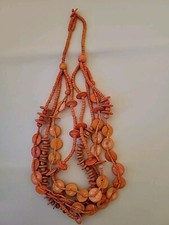 Necklace Dyed Wood Beads Discs Multistrand Tiered Orange Boho Retro
