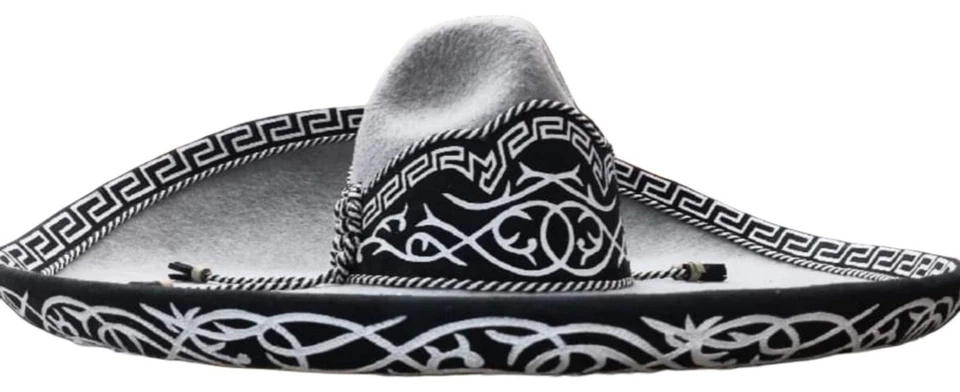 Sombrero Charro Mexicano Lana Profesional Gala Sombrero - Negro con Borde Blanco Foto 3 de 4