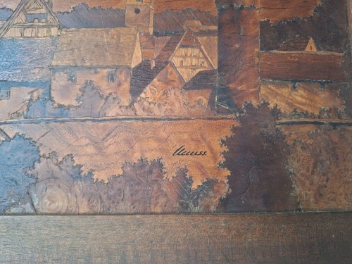 Tableau EN marqueterie sur bois paysage village. Broche signée Clauss - Photo 4 sur 10